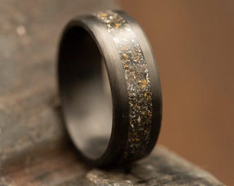 Mens Black Carbon Fiber Ring with Gold Leaf and U.S. Navy Destroyer Metal Inlay, Naval Graduation Gifts, Unique Mens Ring with Inlay
