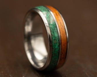 Mens Tungsten Ring with Hawaiian Koa Wood and Green Malachite Inlays, Tungsten Metal Mens Ring with Green Inlay, First Anniversary Gift Him