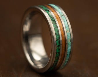 Tungsten Band Men with Triple Inlay of Hawaiian Koa Wood, Mexican Campitos Turquoise , Malachite, Mens December Birthday Birthstone Ring