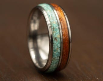 Tungsten band with Hawaiian Koa Wood and Mexican Campitos Turquoise Blue Inlay, Mens Promise Ring, TungstenMetal Ring, Male Promise Ring