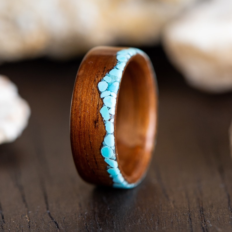 Wood Turquoise Inlay Mens Ring, Hawaiian Koa Wood Ring with Turquoise, Mountain Range Ring, Mountain Wedding Ring, Wooden Ring with Mountain image 1