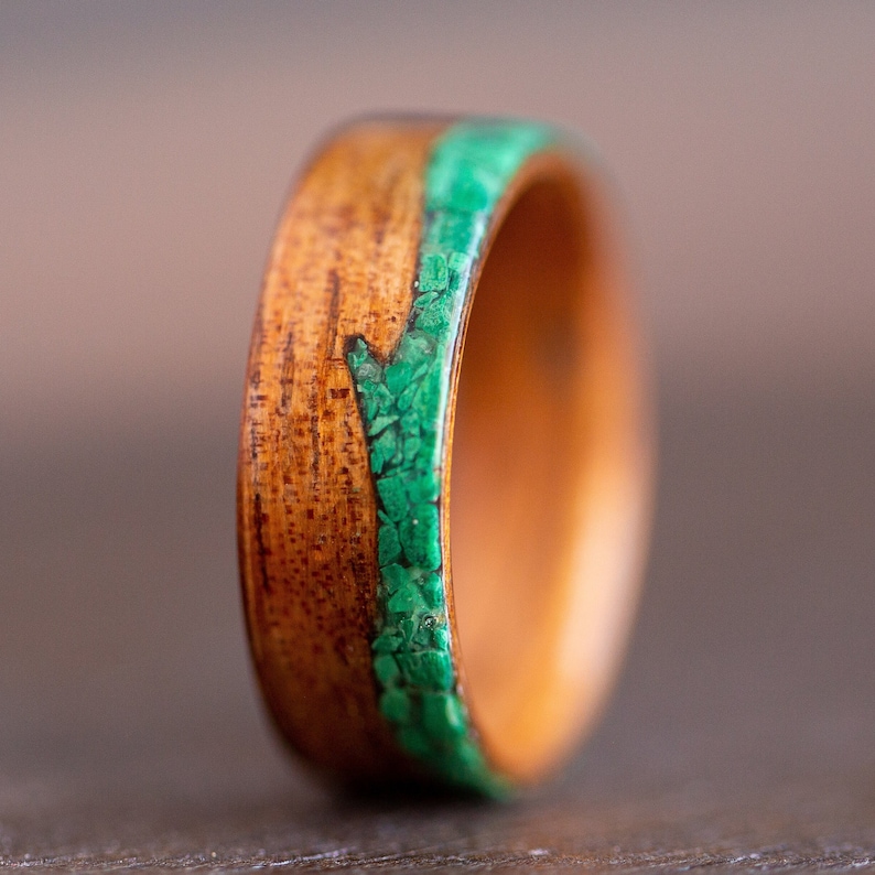 wooden ring, malachite stone, wave ring