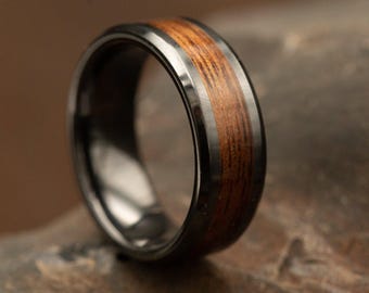 Mens Black Ceramic Ring with M1 Garand Inlay, 8mm Mens Beveled Ring with Wood Inlay Sleeve, Military Jewelry, Mens Anniversary Ring