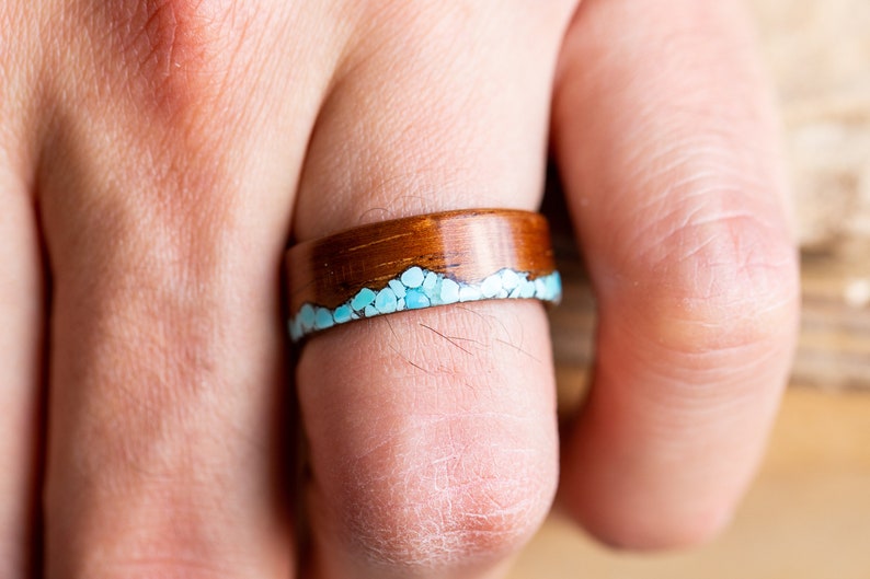 Wood Turquoise Inlay Mens Ring, Hawaiian Koa Wood Ring with Turquoise, Mountain Range Ring, Mountain Wedding Ring, Wooden Ring with Mountain image 3