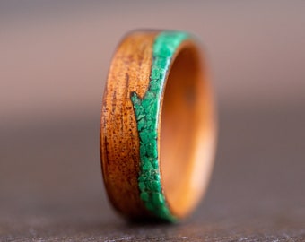Malachite Ring Men, Malachite Ring Band, Koa Wood Ring Men, Malachite Waves Ring, Hawaiian Koa Wood Waves Ring, Gift for Him Wood
