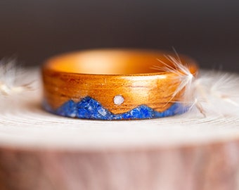 5th Anniversary Gift for Him Wood, 5th Anniversary Gift Wood Ring for Him, Wood and Lapis Rings Men, Wooden Mountain Ring with Lapis Lazuli