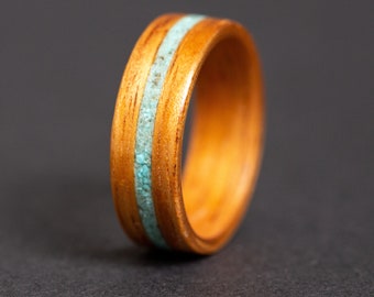 Mens Wedding Band with Turquoise inlay, Mens Wedding Ring with Turquoise, Inlay Wedding Band for Men with Blue, Crushed Turquoise Ring