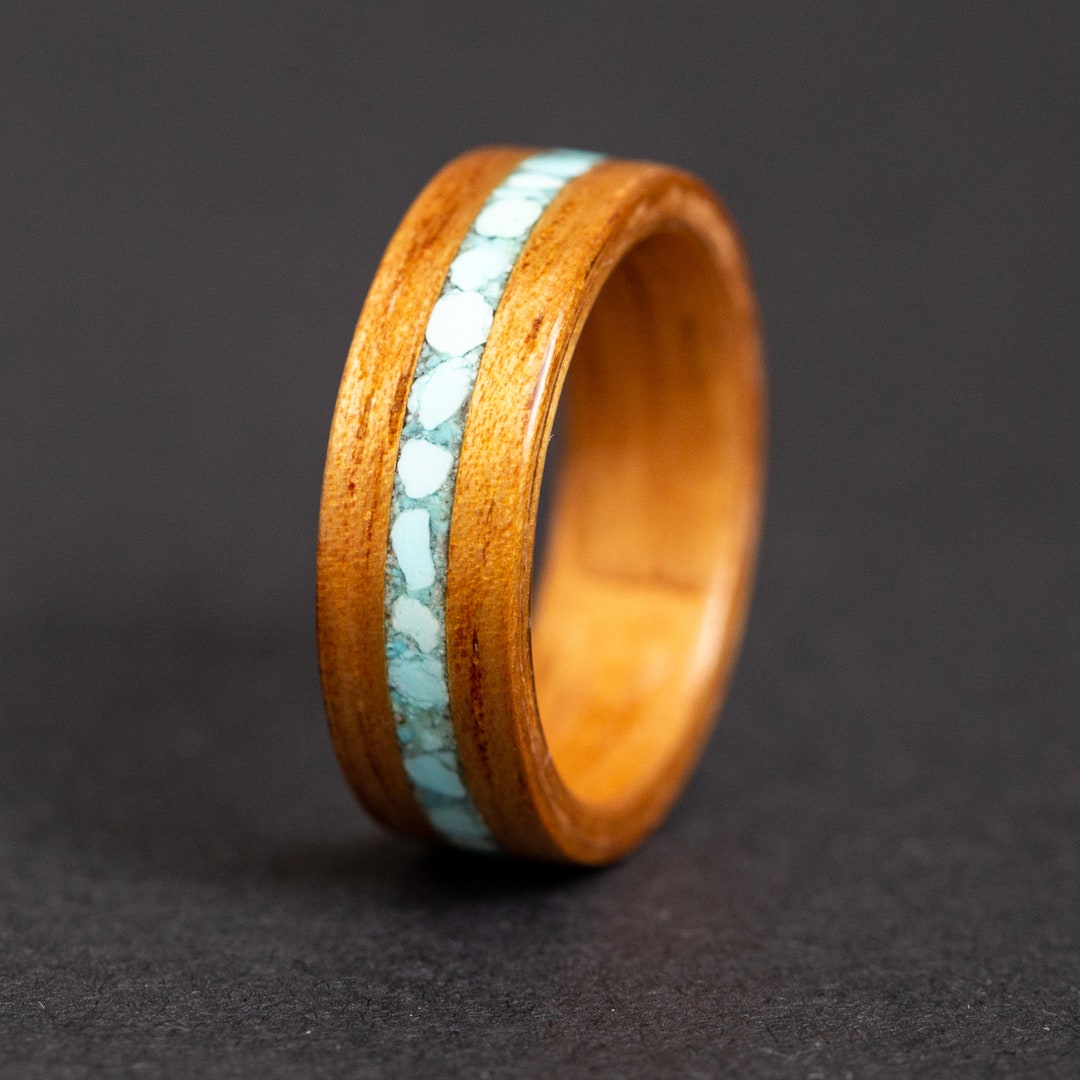 Mens Wood Ring With Turquoise Inlay Mens Wedding Band Wood Etsy
