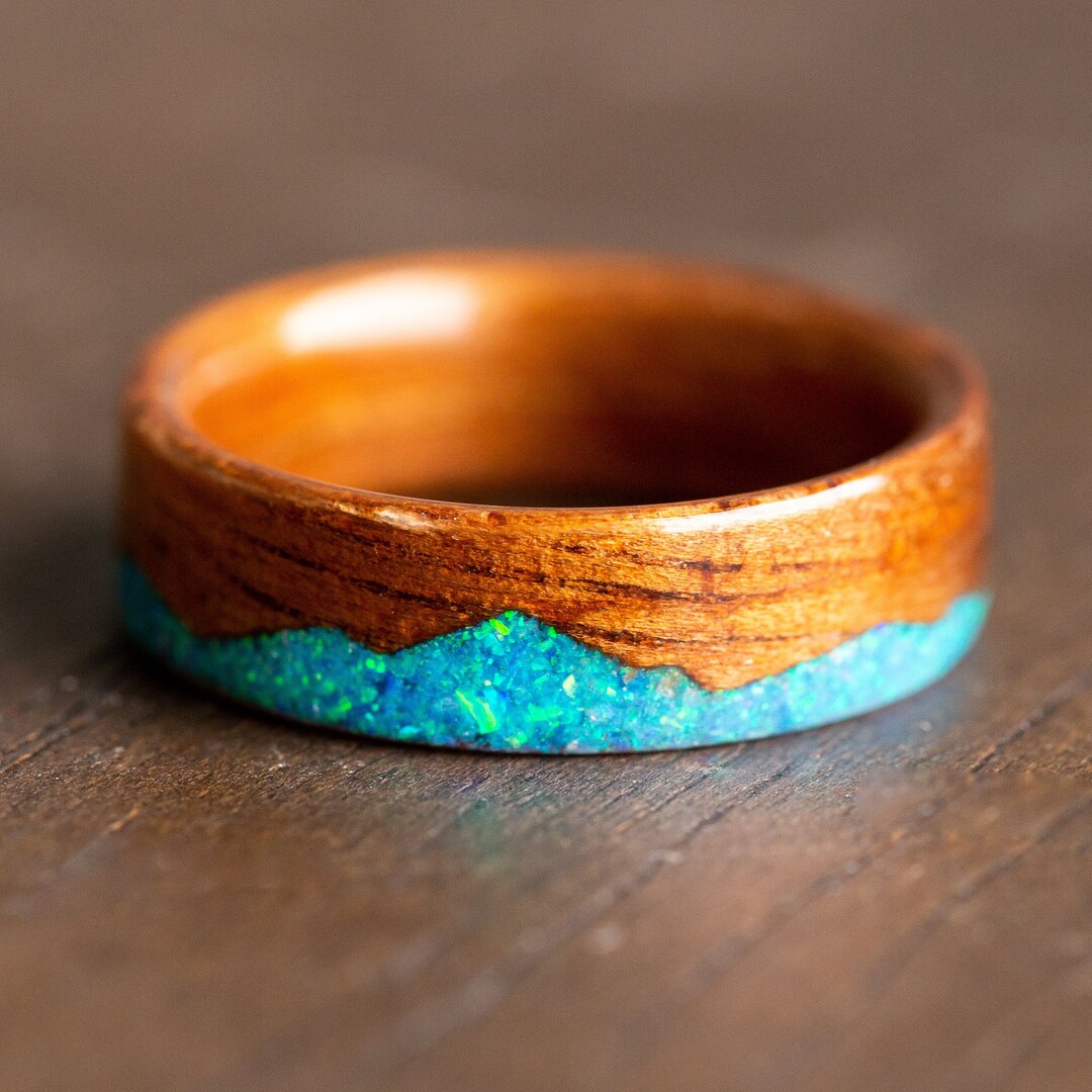 Hawaiian Koa Wood Ring, Wood Inlay Ring, Opal Wedding Band, Mountain