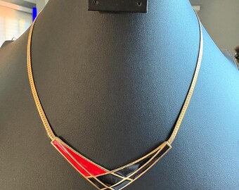 Collar vintage Avon de esmalte geométrico / Collar llamativo rojo y negro / Collar tono dorado de inspiración art déco / Joyería Avon firmada