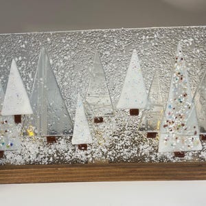 Fused Glass Winter Tree Candle Screen with Wood Base