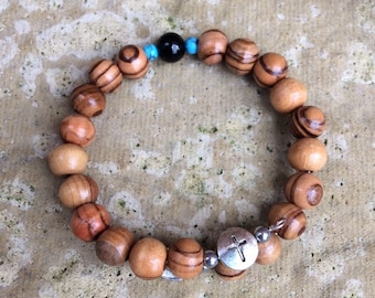 Men's rosary bracelet - Olive wood and black agate- for Catholic and Christian prayer