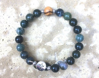 Men's rosary bracelet - Moss agate- for Catholic and Christian prayer