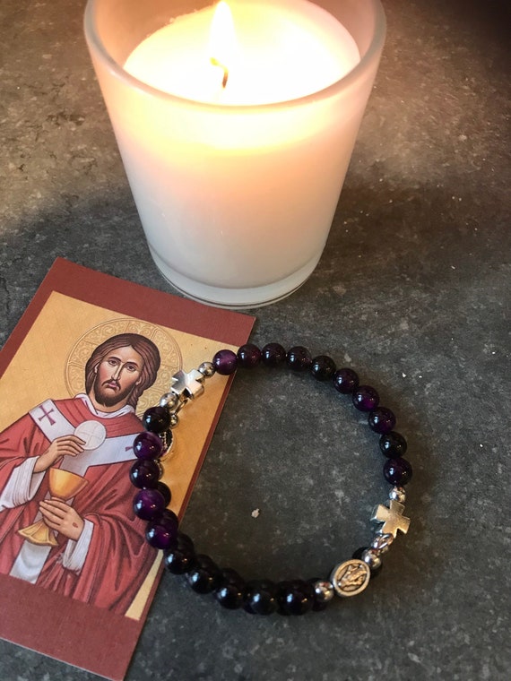 Men's purple rosary bracelet for Lent, Christian meditation and prayer