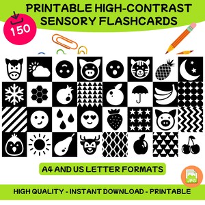 150 Printable Sensory Flashcards – High-Contrast Black & White Newborn Cards, Visual Stimulation, Baby Picture Cards, Digital Download