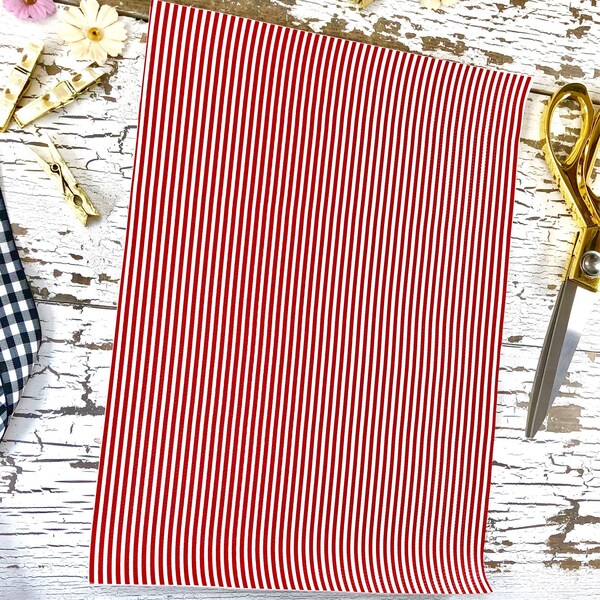 Red and White Mini Stripe Faux Leather Sheet -  Printed Vegan Leather - Faux Leather for Bow Making - 8x11 Faux Leather Fabric