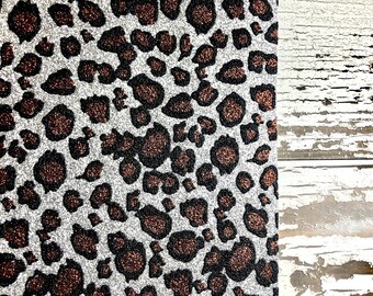 Silver Glitter Leopard Faux Leather Sheet - Glittery Silver Leopard Print Canvas Sheet - 8x11 Leopard Faux Leather Fabric