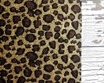 Gold Glitter Leopard Canvas Material - Glittery Gold Leopard Print Canvas Sheet - 8x11 Leopard Faux Leather Fabric