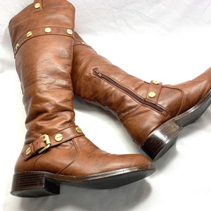 Gold Nail Heads DISTRESSED Faux LEATHER Harness Boots sz 9.5 Boots RENAISSANCE Boots Cosplay Boots