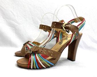 Y2K 90's Vintage NAUGHTY MONKEY Shoes Platform Heels Colorful Rainbow Straps