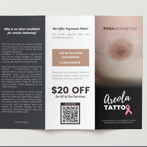Broszura Trifold Permanent Makeup | Makijaż permanentny | Tatuaż otoczki brodawki sutkowej | Menu usług makijażu permanentnego | Menu usług Med Spa