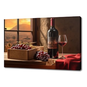 Vintage Bottle Of Red Wine With Red Grapes Tuscany Winery Canvas Print, Wine Lover Gift, Kitchen Restaurant Wall Art Print, Wine Wall Decor