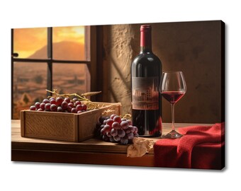 Vintage Bottle Of Red Wine With Red Grapes Tuscany Winery Canvas Print, Wine Lover Gift, Kitchen Restaurant Wall Art Print, Wine Wall Decor