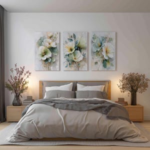 Abstract Green And Cream Flowers, Three Panel Canvas Wall Art Set – Modern Triptych Print on Canvas – Gallery Wrapped & Ready to Hang