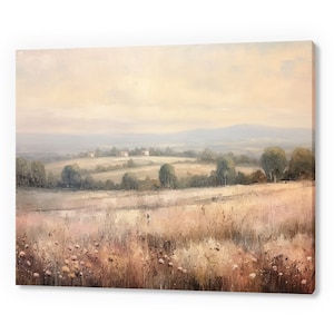 Vintage Country Grass Fields Landscape, Antique Countryside Print, Moody Painting Canvas Print, Living Room Wall Art, Farmhouse Decor Art