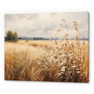 Vintage Country Landscape Dry Grass Fields, Antique Countryside Print, Moody Painting Canvas Print, Living Room Wall Art, Farmhouse Decor
