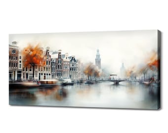 Amsterdam Cityscape Watercolour Canvas Print, Netherlands Skyline Hanging Wall Art, Handmade Fine Art Print, Home Office Decor Travel Gift