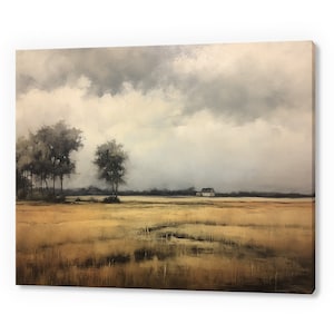 Vintage Stormy Country Landscape, Antique Countryside Print, Moody Painting Canvas Print, Living Room Wall Art, Farmhouse Decor Art