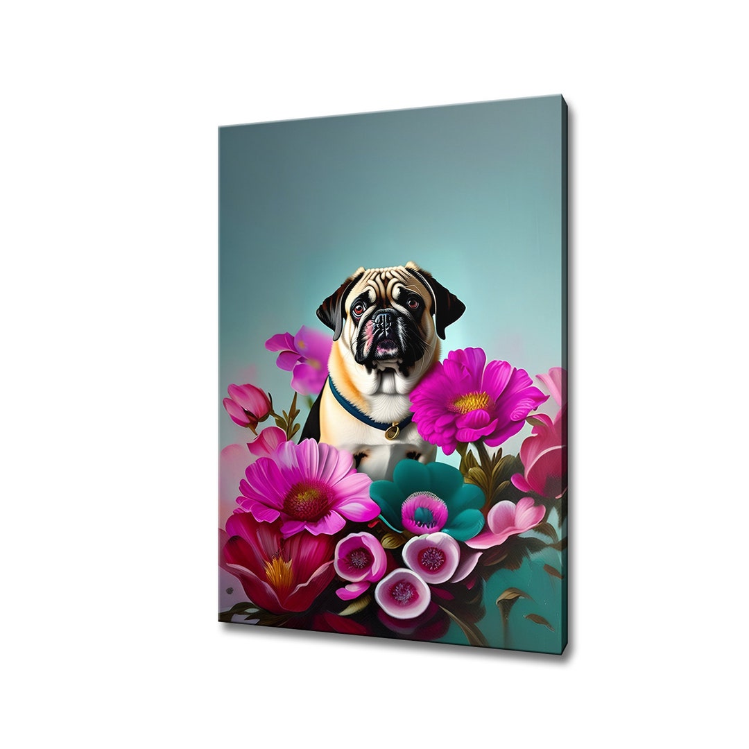 Shabby Chic Pug Dog Canvas Print Picture Wall Hanging Colourful Art