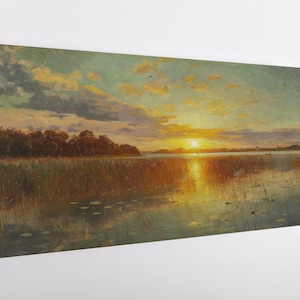 Sunset over Lake Canvas Print Wall Art, Scenic Nature Decor for Living Room, Mountain & Lake Photography, Large Ready to Hang Artwork