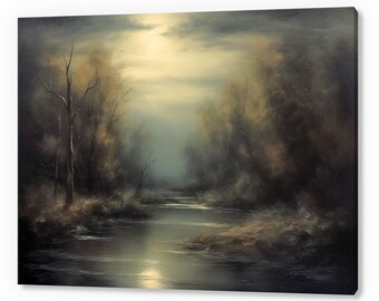 Vintage Country River Landscape, Antique Countryside Print, Moody Painting Canvas Print, Living Room Wall Art, Farmhouse Decor Art