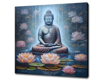 Calm Buddha Lotus Flowers Canvas Print | Spiritual Art Print | Peaceful Neutral Home Decor | Zen Art Print | Buddhist Meditation Wall Art