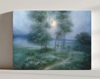 Mondlicht Wald Leinwand Wand Kunst, Stimmungsvolle Natur Landschaft, Nacht Wald Dekor, Modernes Rustikales Haus Geschenk, Schlafzimmer Wohnzimmer Kunstwerk