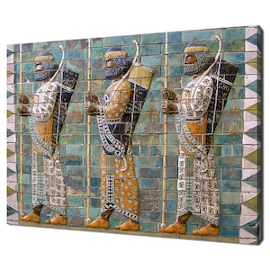 May include: A tile mosaic depicting three figures in a procession. The figures are wearing elaborate clothing and carrying spears. The background is a blue and green tiled wall.