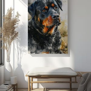 Watercolour Rottweiler canvas print wall art, colourful dog painting on canvas, pet lover gift, Pet portrait wall decor