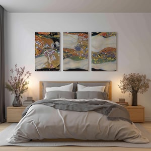Water Serpents by Gustav Klimt, Impressionist Canvas Wall Art Set – Modern Triptych Print on Canvas – Gallery Wrapped & Ready to Hang