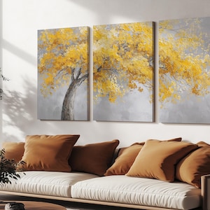 Tree with Golden Leaves, Abstract Three Panel Canvas Wall Art Set – Modern Triptych Print on Canvas – Gallery Wrapped & Ready to Hang