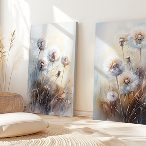 Impression abstraite sur toile pissenlits, art mural minimaliste, décoration d&#39;intérieur élégante, fait main sur commande, cadeau de pendaison de crémaillère, lot de deux
