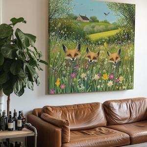 Rode vossen in de weide canvasprint muurkunst – decor bosdieren – rode vos schilderij voor muren kinderkamer, slaapkamer, woonkamer of cottage