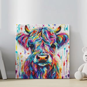 Colorful Highland Cattle Canvas Print – Vibrant Scottish Cow Wall Art – Bold Farmhouse Animal Decor for Rustic or Modern Interiors