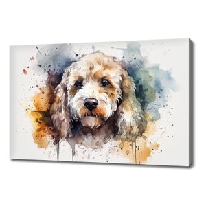 Può includere: Dipinto ad acquerello di un cane marrone e bianco su uno sfondo di schizzi di colore.