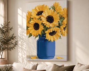 Sunflowers in Blue Vase Canvas Print, Textured Yellow Floral Wall Art