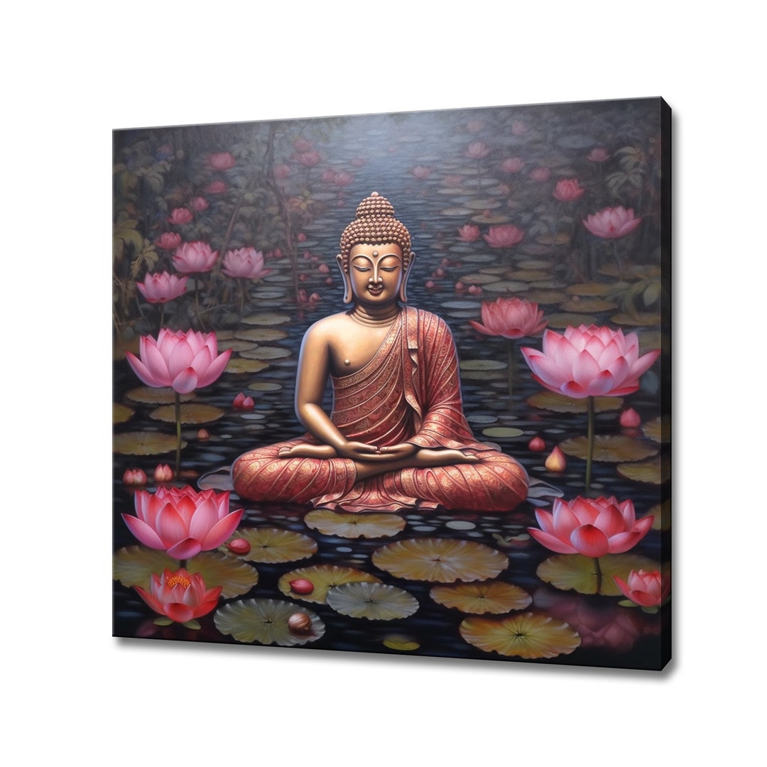 Bronze Buddha Lotus Flowers Canvas Print | Spiritual Art Print ...