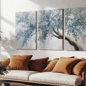 Blue Tree Abstract Painting, Three Panel Impressionist Canvas Wall Art Set – Modern Triptych Print on Canvas – Gallery Wrapped Ready to Hang