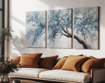 Abstrakcyjny obraz „Blue Tree”, trzyczęściowy zestaw impresjonistycznych obrazów ściennych na płótnie – nowoczesny wydruk tryptyku na płótnie – owinięty w folię galeryjną, gotowy do powieszenia