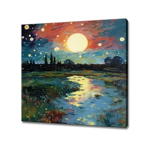 Moon Over The Lake Landscape Abstract Painting Style Canvas Print, Night Landscape Art, Living Room Art Picture Wall Hanging
